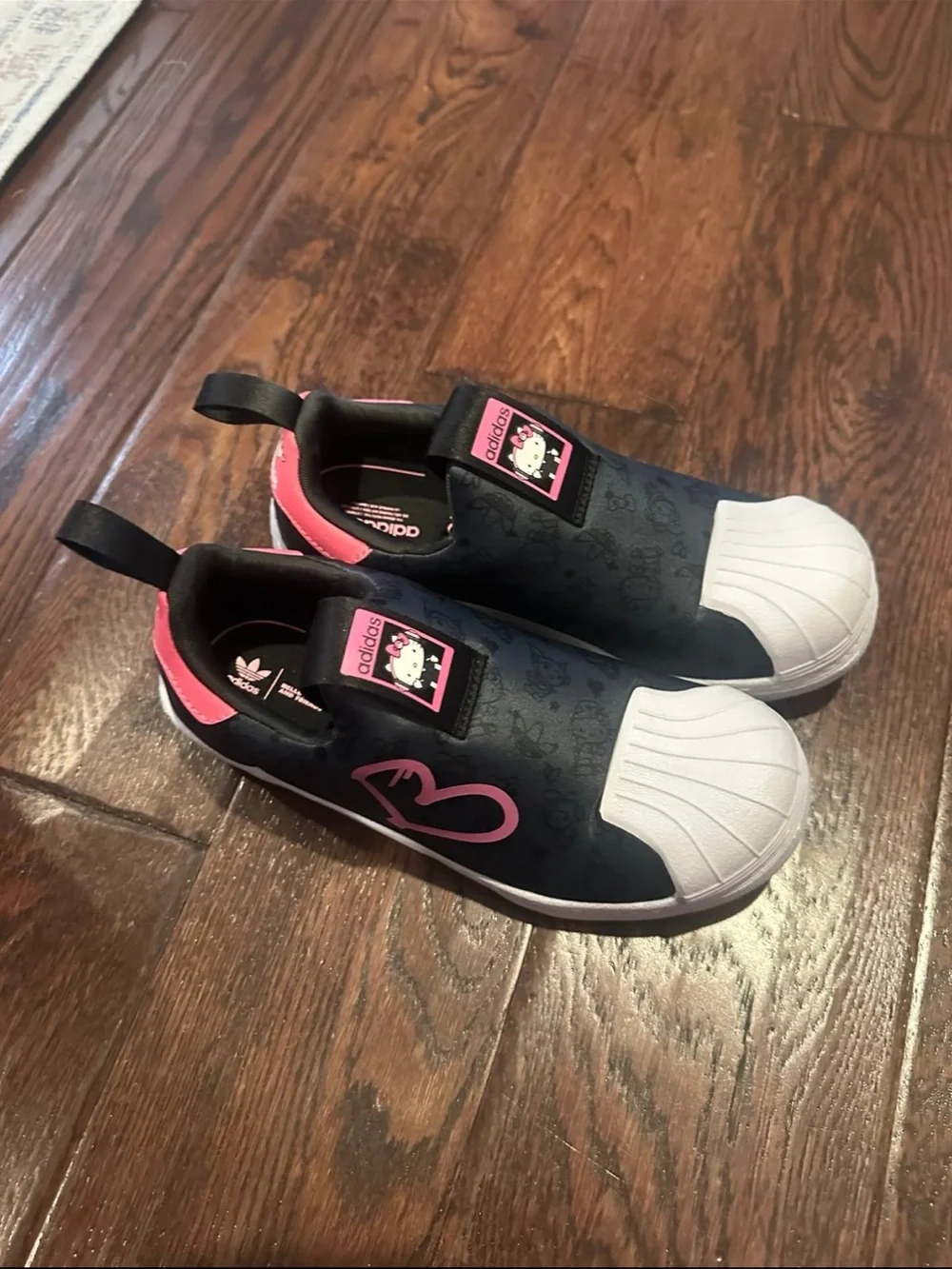 adidas Black and Pink Kids Slip-On Sneakers with White Shell Toe
